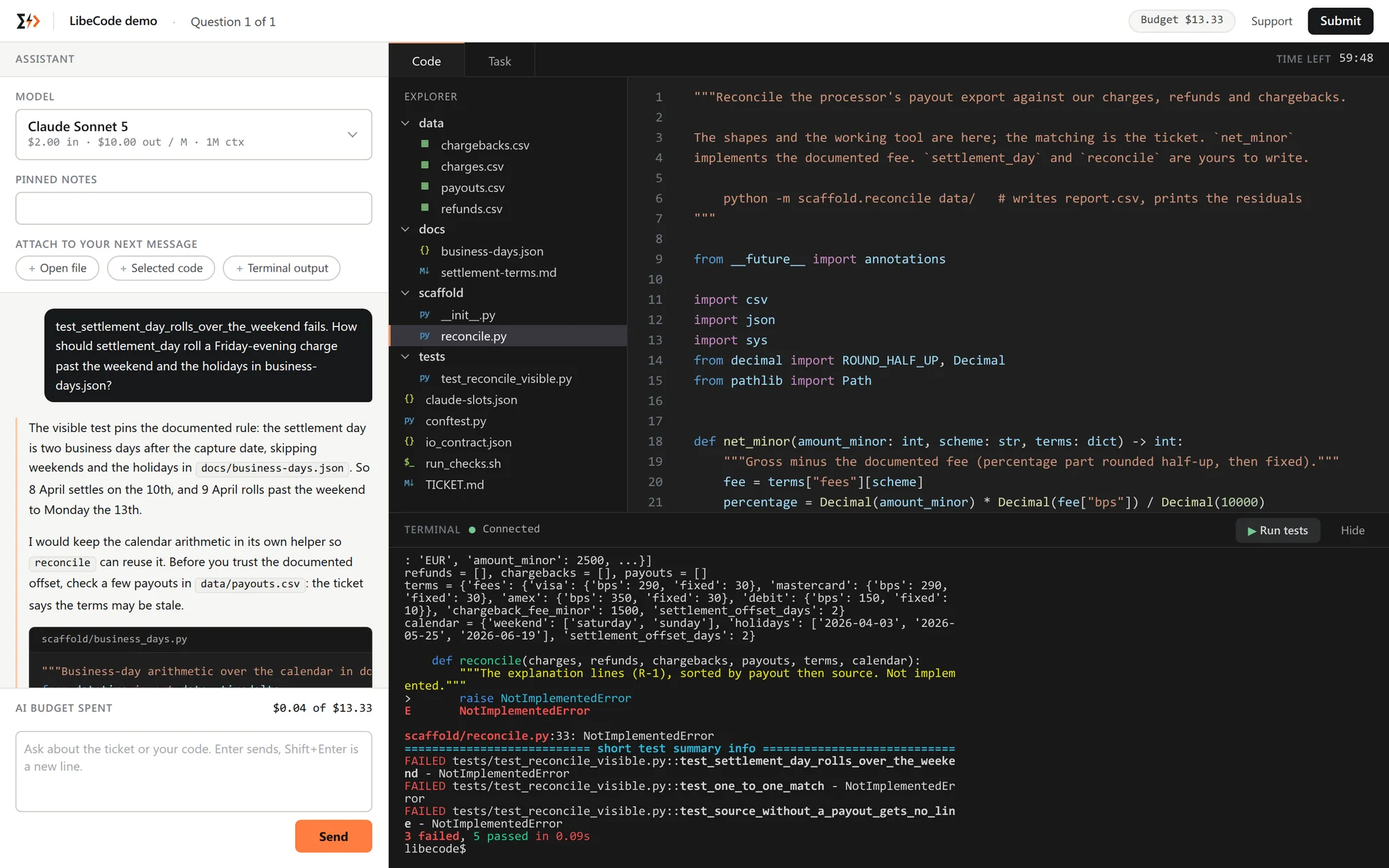 The candidate’s page: the AI thread with a prompt and its answer, the file tree, the editor and a test run in the terminal. Sample data.